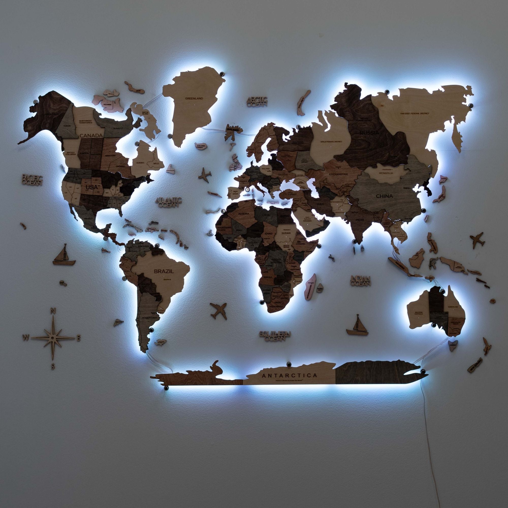 3D LED Wooden World Map 3.0 Smokey