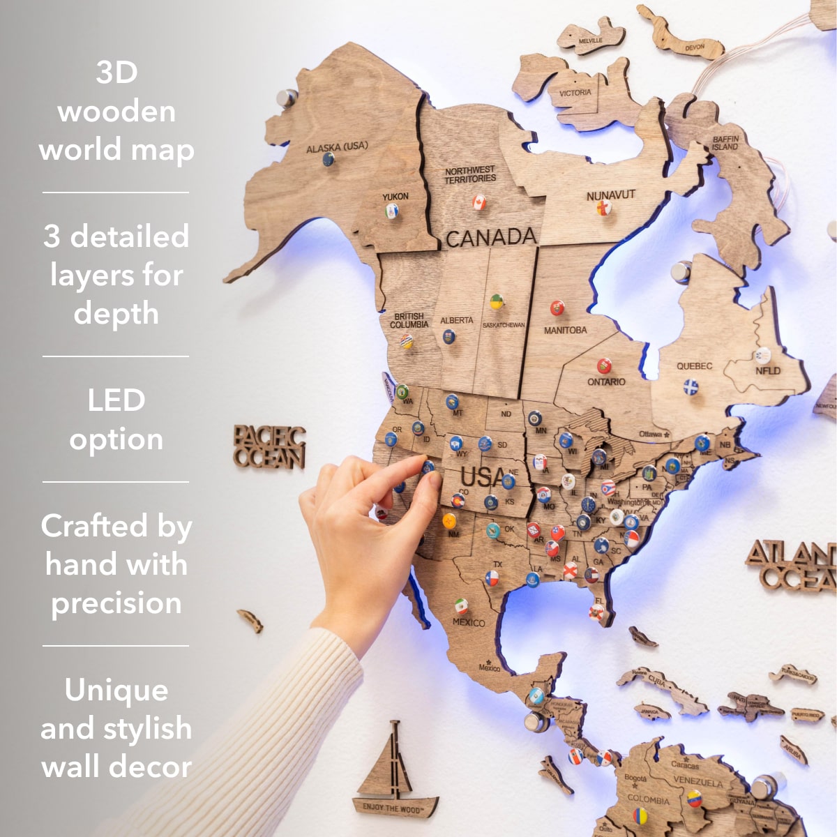 3D LED Wooden World Map 3.0 Terra