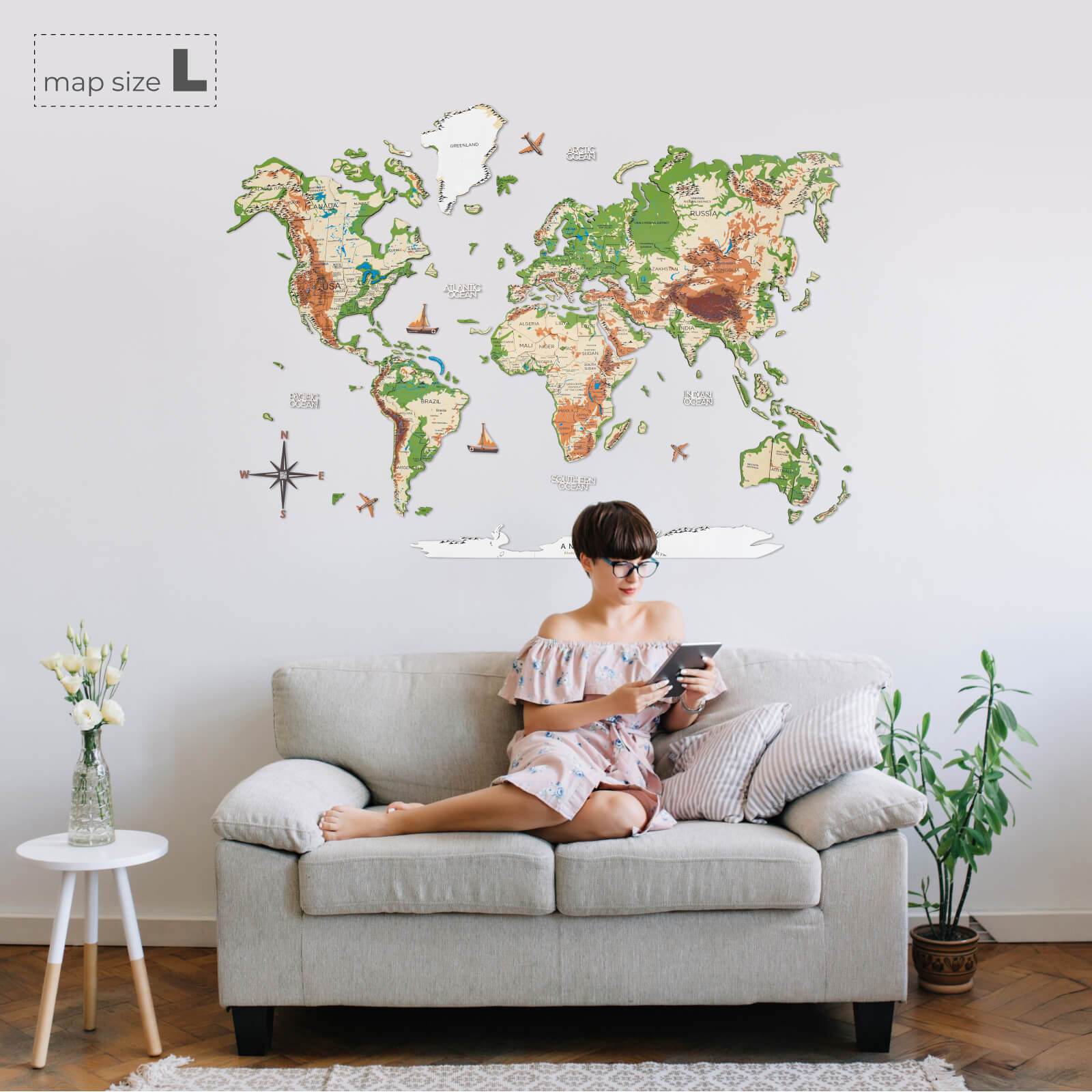 3D Luminous Colored Wooden World Map Physical
