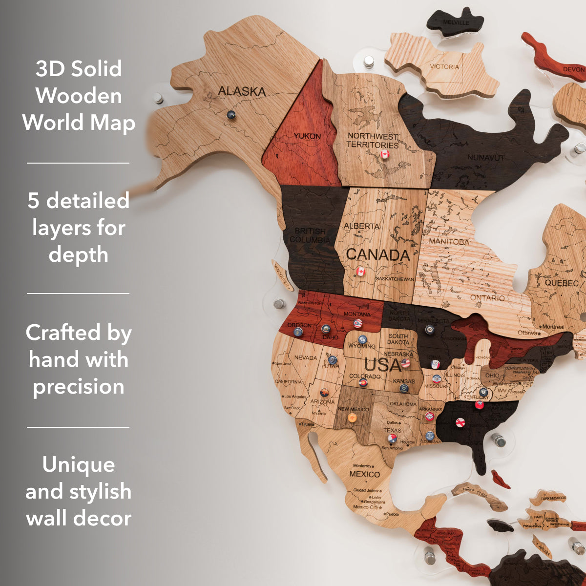 3D Solid Wooden World Map