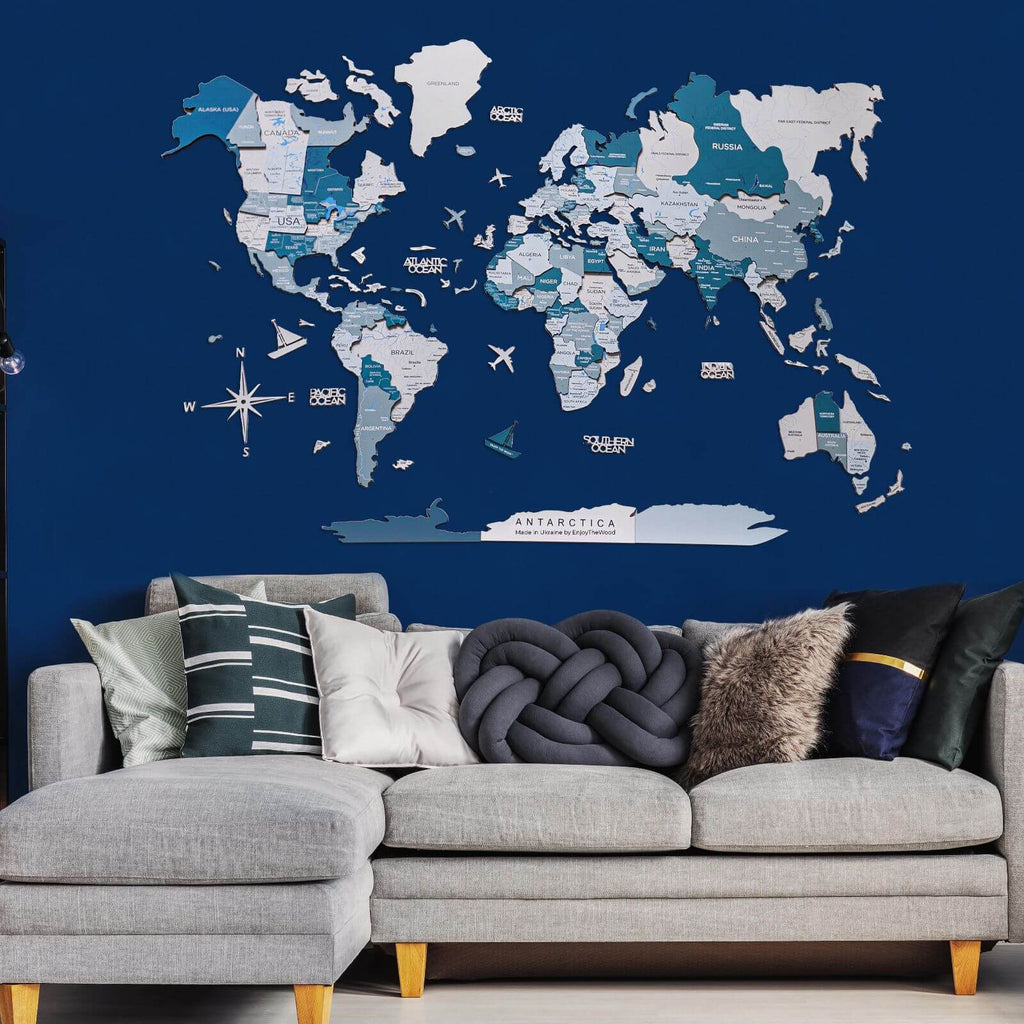 3D Wooden World Map Aqua