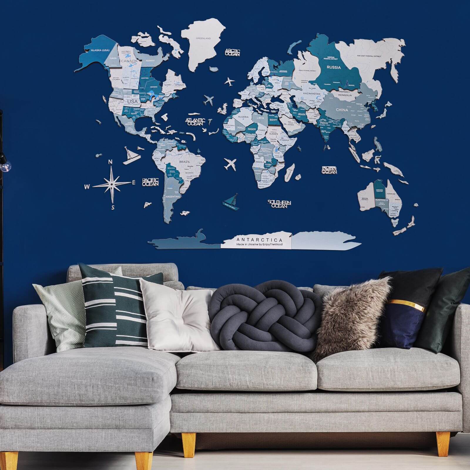 3D Wooden World Map Aqua