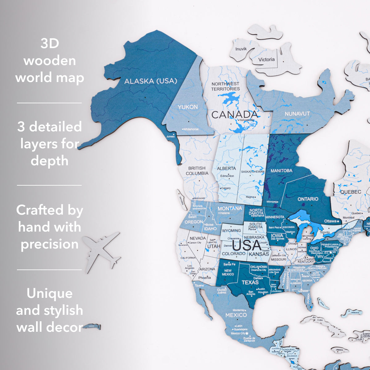 3D Wooden World Map Aqua