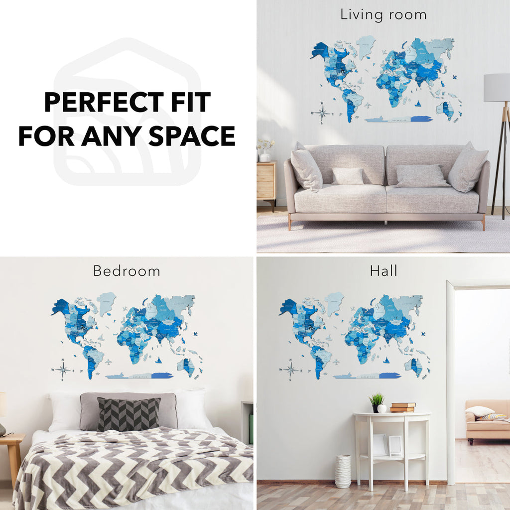 3D Wooden World Map Azure