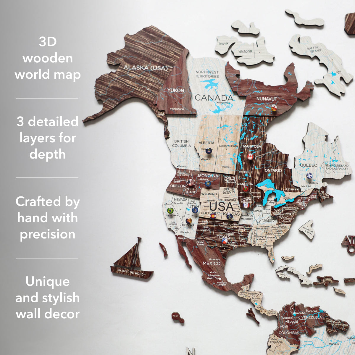 3D Wooden World Map Cappuccino