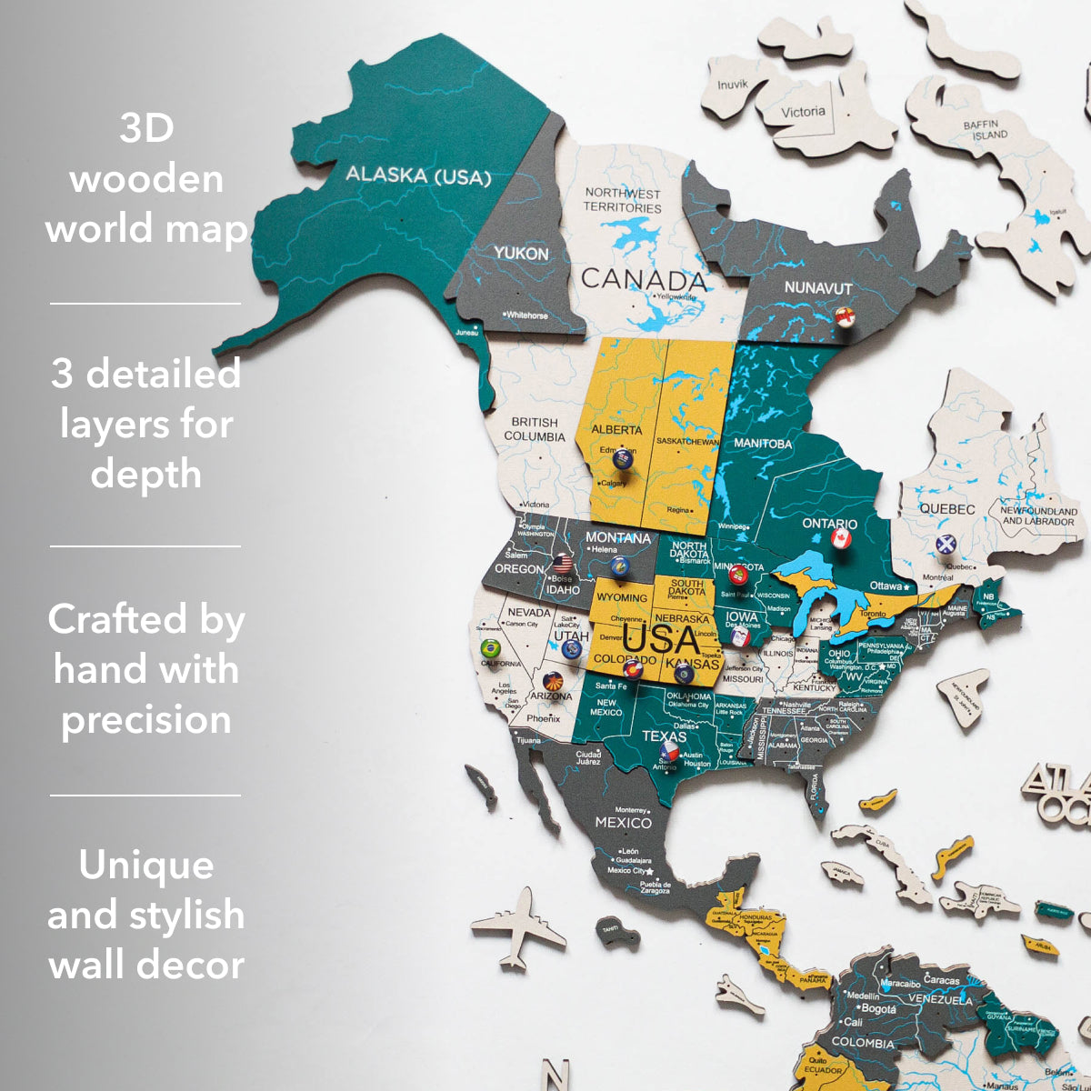 3D Wooden World Map Country