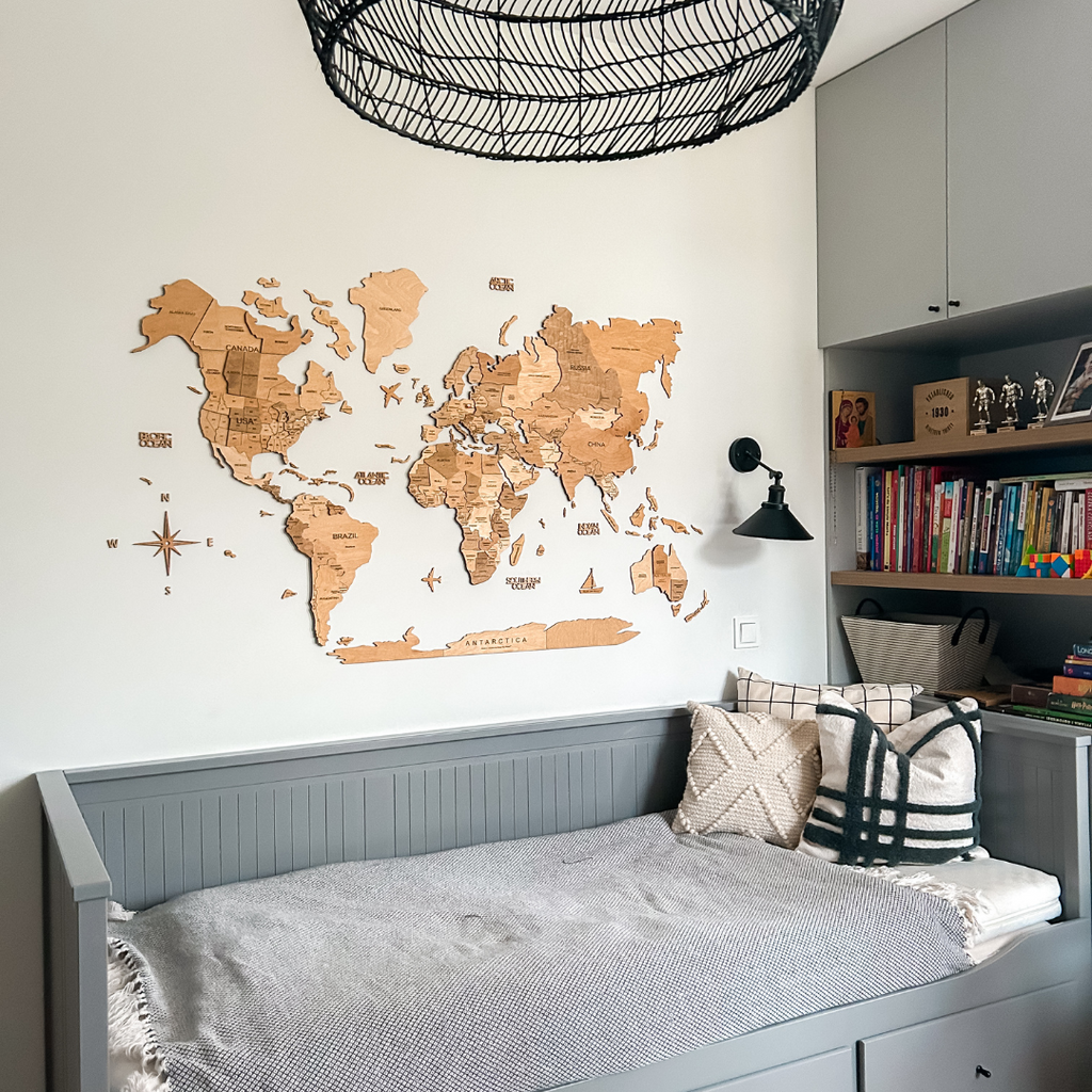 3D Wooden World Map Gold
