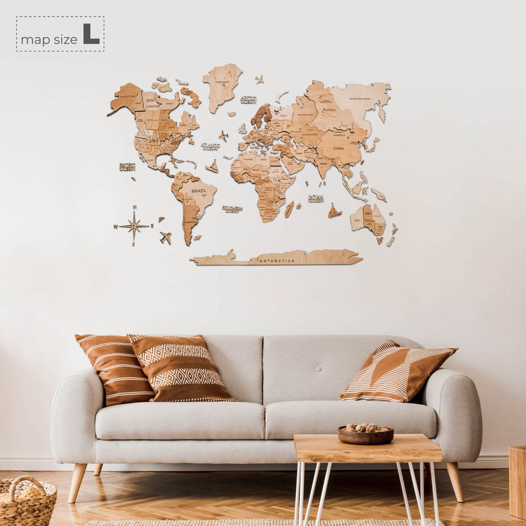 3D Wooden World Map Gold
