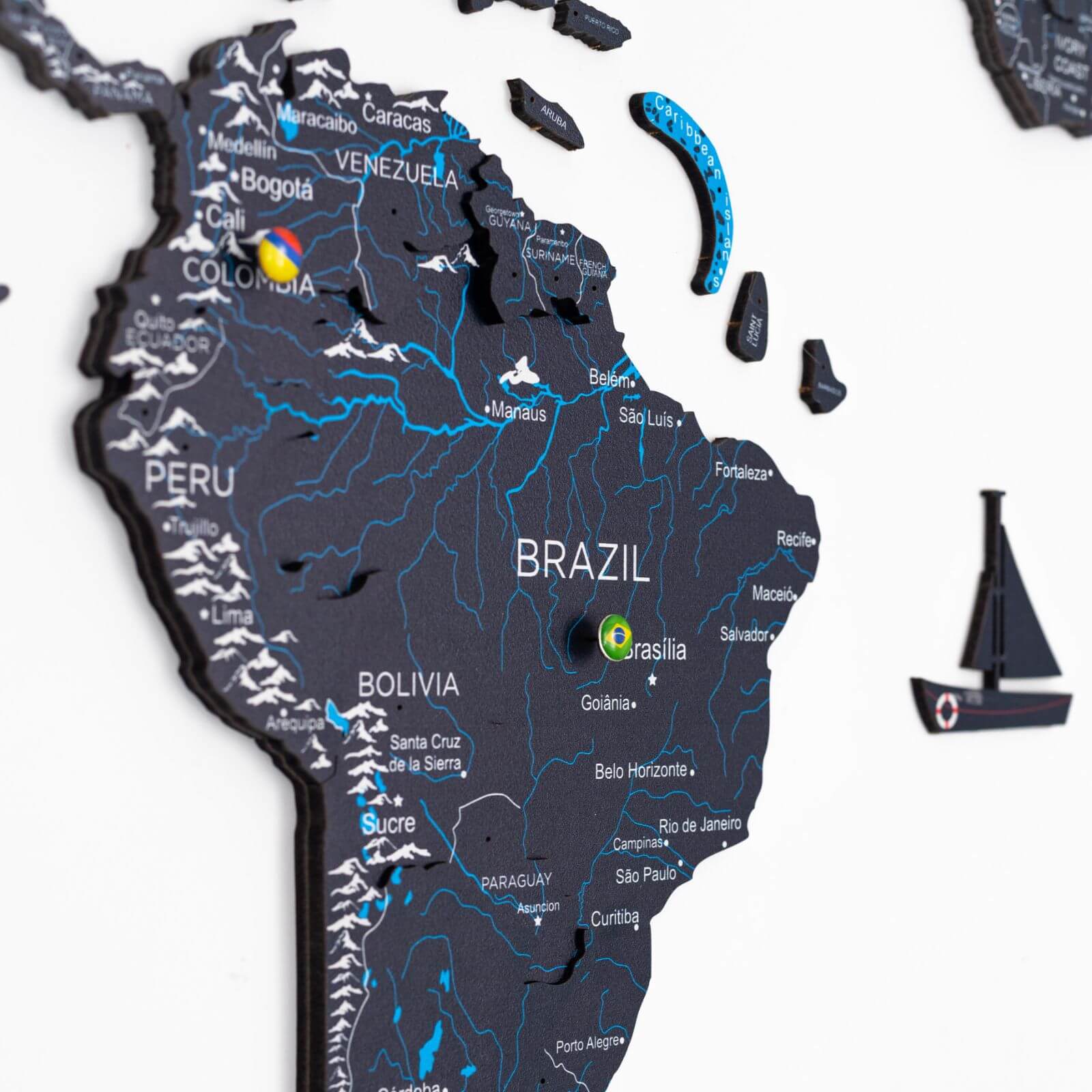 3D Wooden World Map Midnight