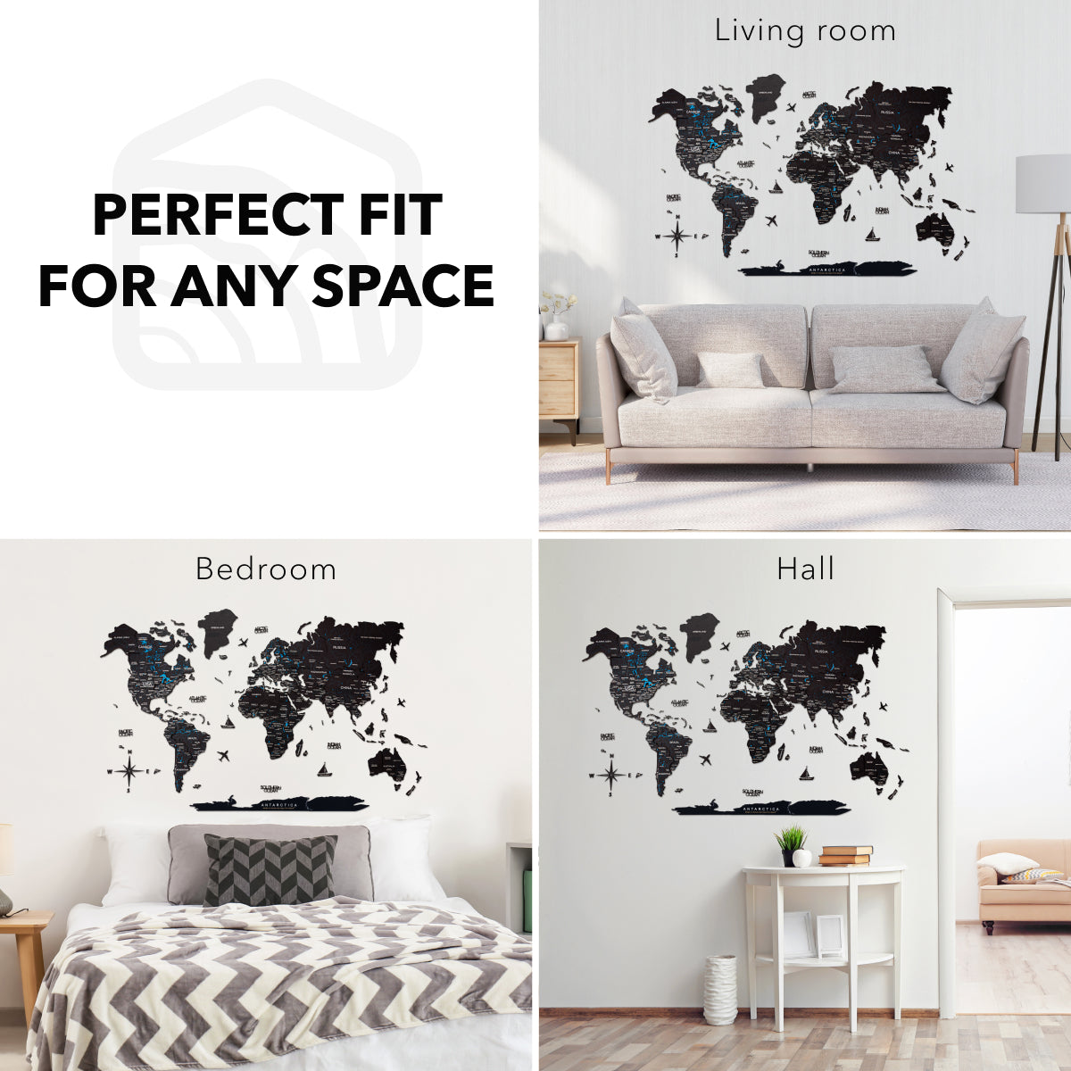 3D Wooden World Map Midnight