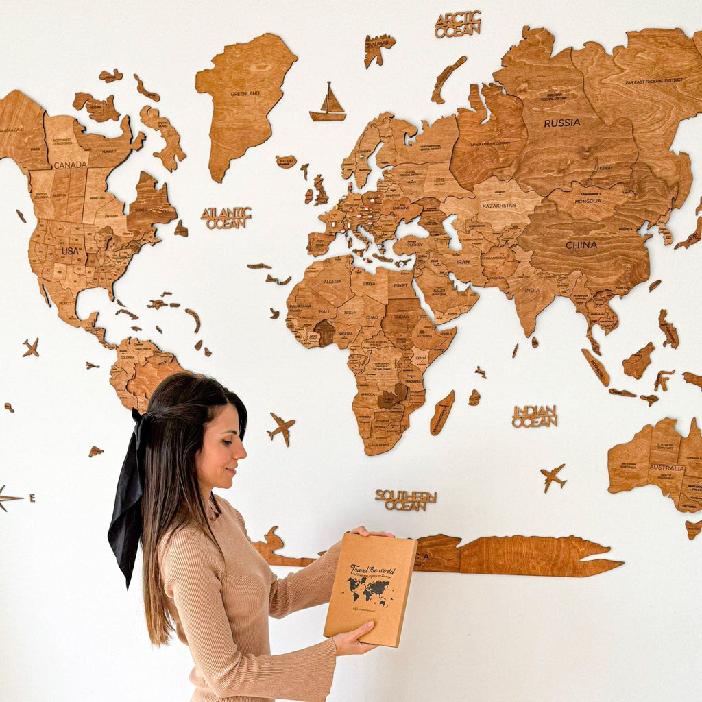 3D Wooden World Map Oak