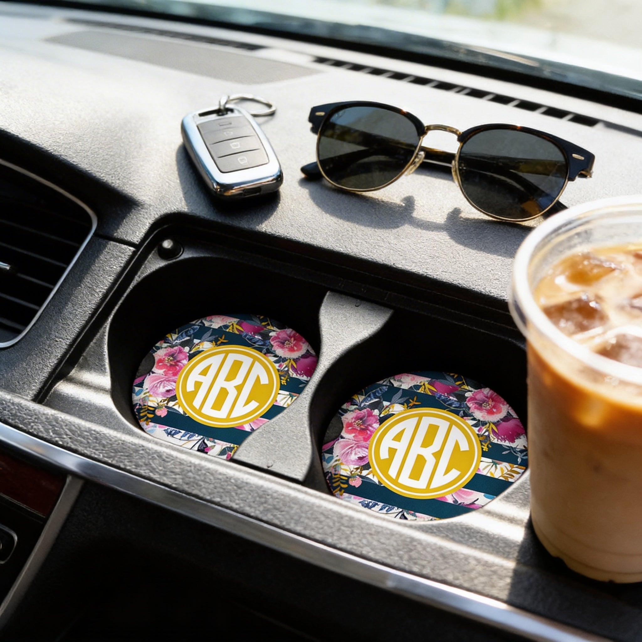 Monogram Car Coasters - Navy Rose Gold Floral Sandstone Car Coaster
