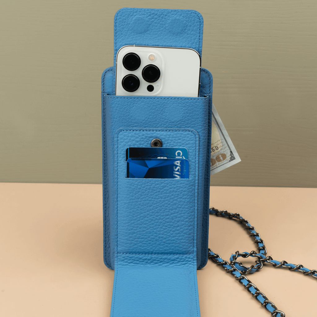Leather Blue Crossbody Bag Phone Wallet - Columbus