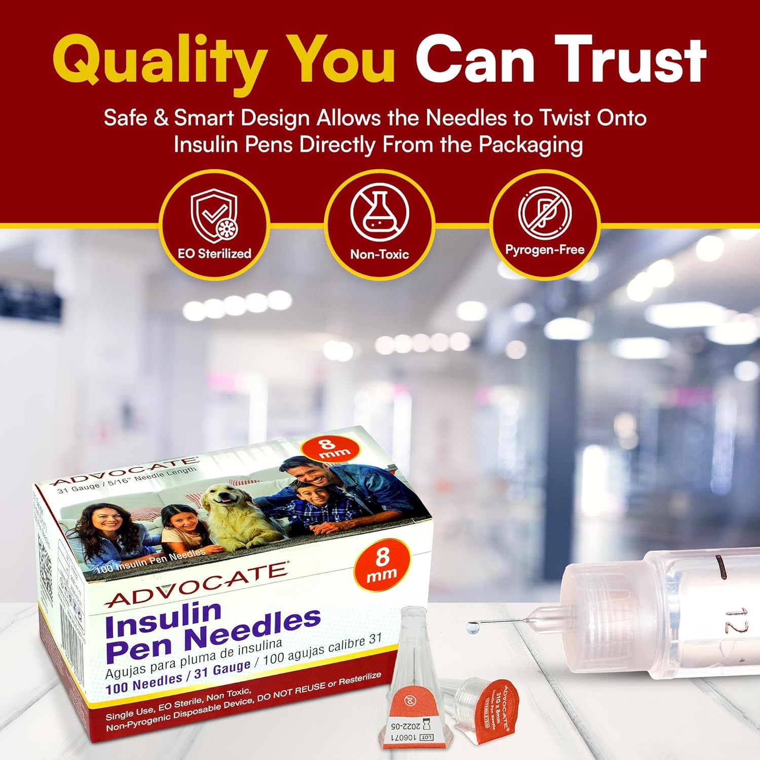 Advocate Insulin Pen Needles 8mm 31 Gauge Box of 100 Needles