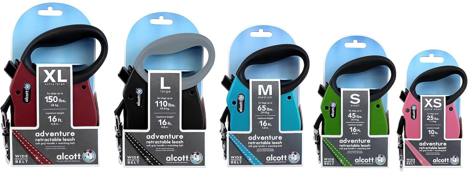 Alcott Adventure Retractable Reflective Belt Leash for Dogs, 10' Long, XS Pink