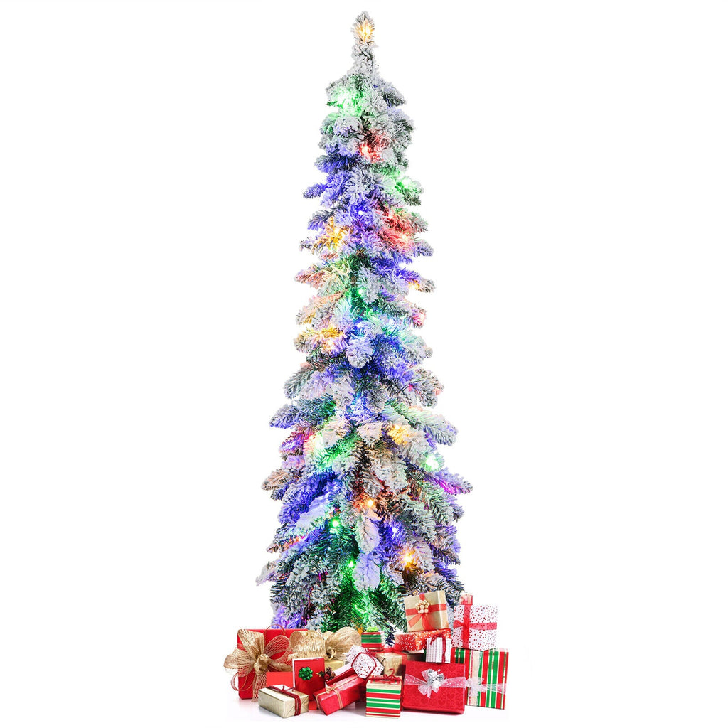 4/5/6 Feet Pre-Lit Artificial Christmas Tree Snow-Flocked Slim Pencil Xmas Decor-5 ft