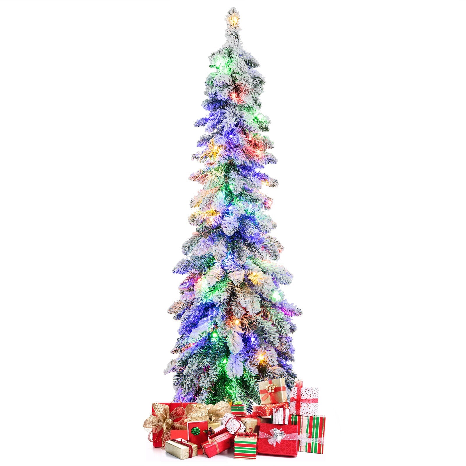 4/5/6 Feet Pre-Lit Artificial Christmas Tree Snow-Flocked Slim Pencil Xmas Decor-5 ft