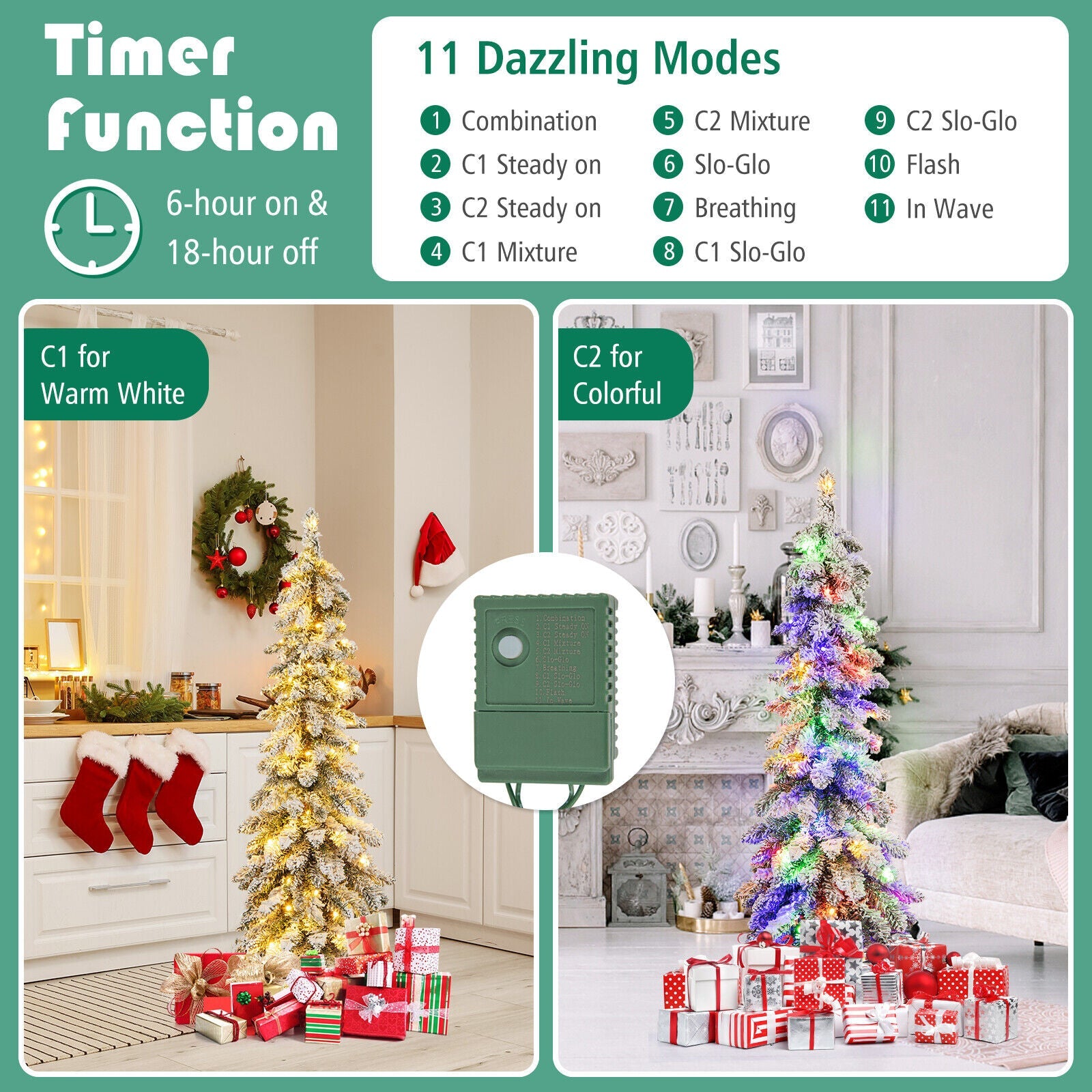 4/5/6 Feet Pre-Lit Artificial Christmas Tree Snow-Flocked Slim Pencil Xmas Decor-5 ft