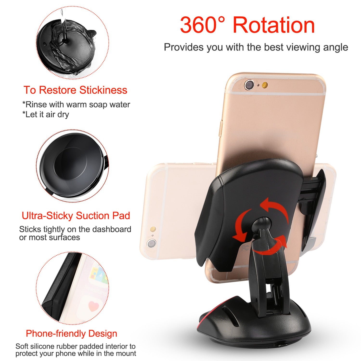 Car Phone Holder with Sticky Gel Pad and Adjustable Arm