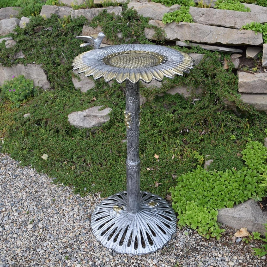 Antique Pewter Sunflower Design Aluminum Birdbath, Silver