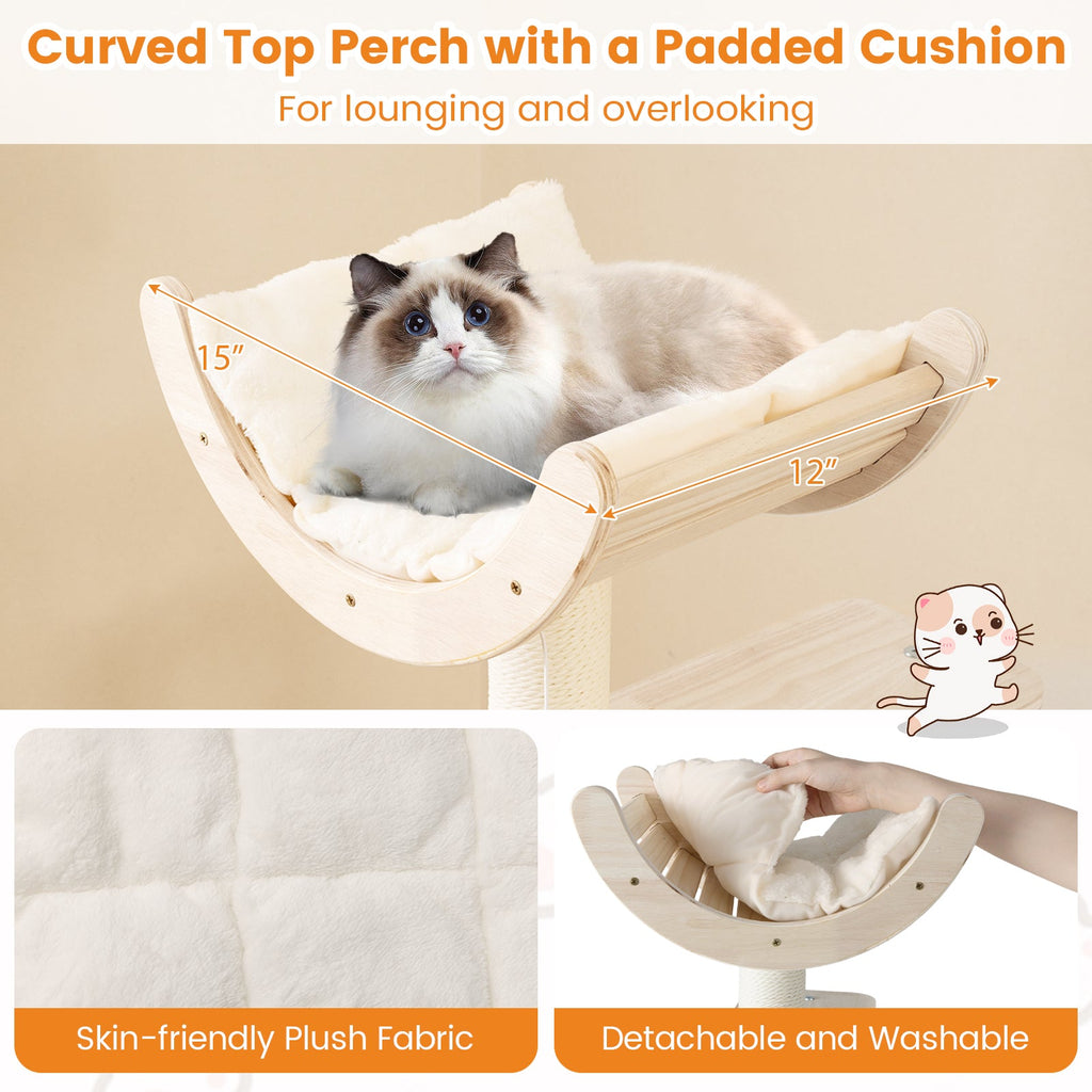 55.5 Inches Tall Wooden Cat Tree with Washable Plush Cushions for Indoor Cats