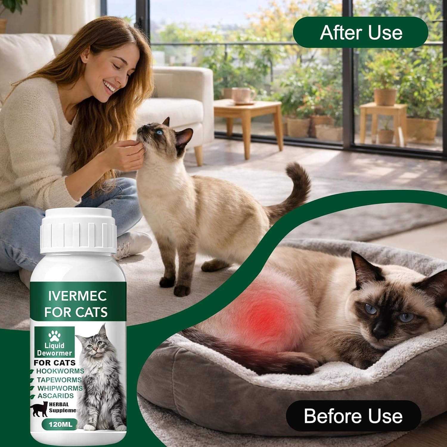 Cat Dewormer Liquid Broad Spectrum Tapeworm Roundworm Hookworm 120ml