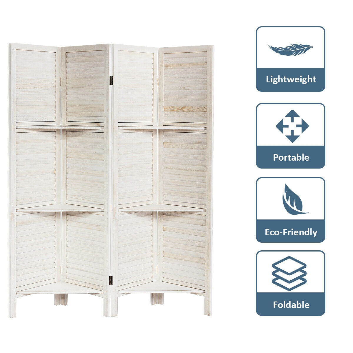 4 Panel Folding Room Divider Screen with 3 Display Shelves