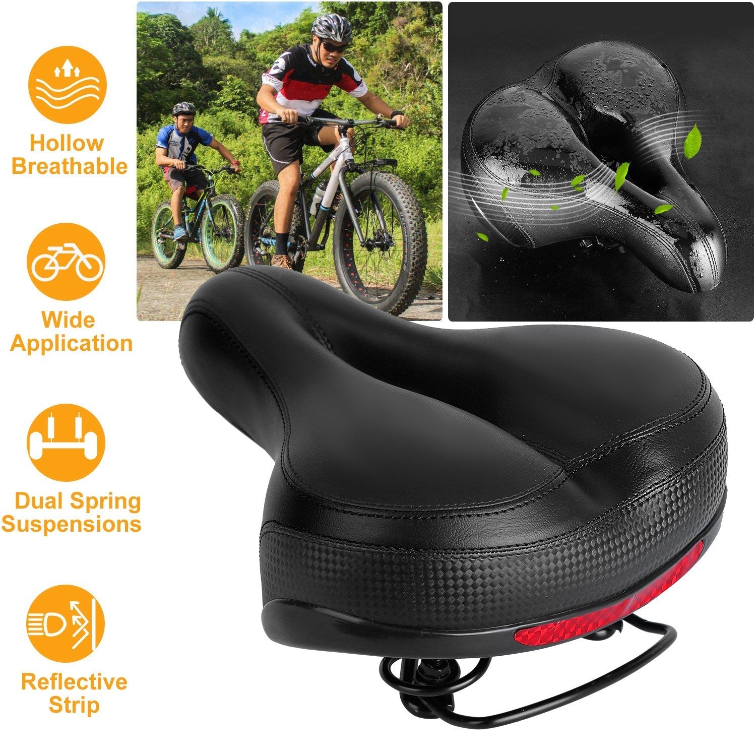 Bike Seat Water-Resistant Comfortable Bicycle Padded Saddle Wear Resistant Hollow Leather  _x000B__x000B_Seat Cushion w/ Dual Springs Reflective Strip for Mountai