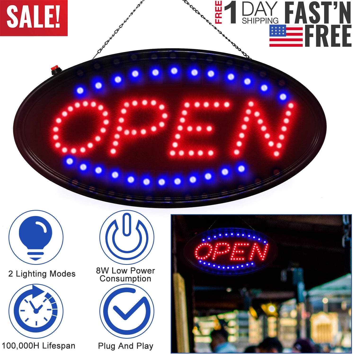 Neon Open Sign with LED Flash/Static Modes for Shops