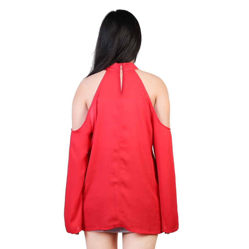 Off-the-Shoulder Blouse with V-Neck and Long Sleeves