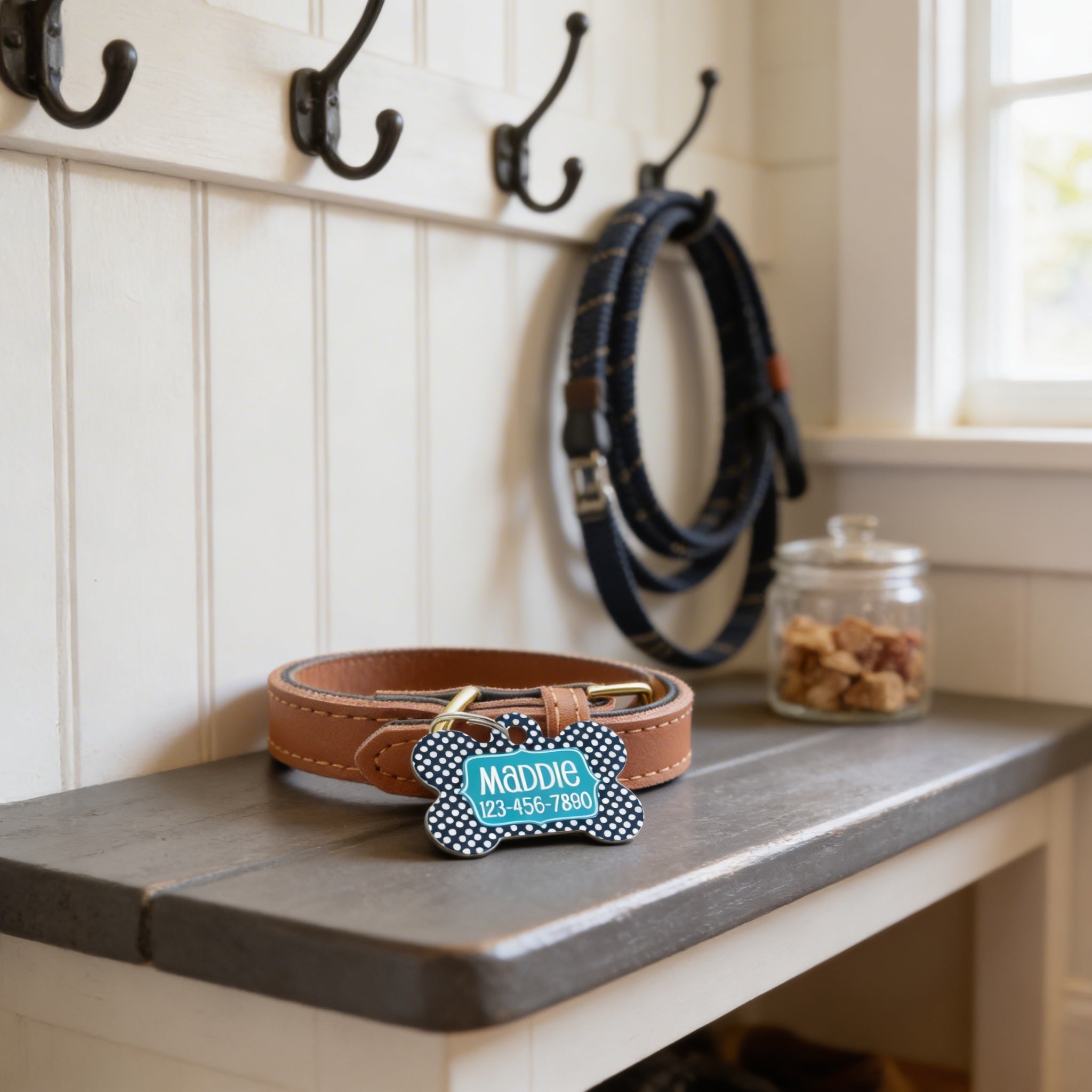 Personalized Pet Id Tag - Custom Dog Tag - Navy Turquoise Big Dots