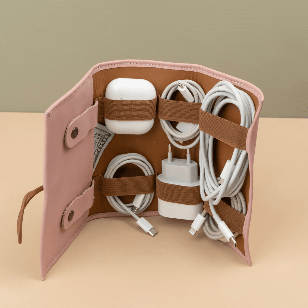 Leather Pink Travel Tech Organizer - Riverside