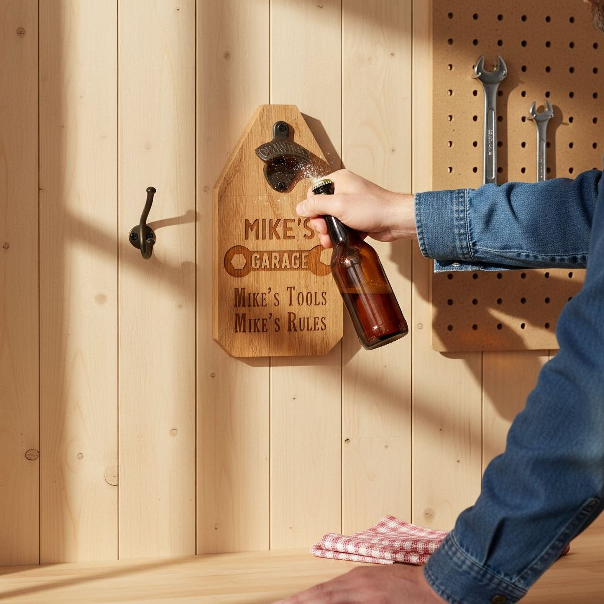 Custom Garage Sign – Personalized Wood Sign with Rustic Bottle Opener & Workshop Wall Art
