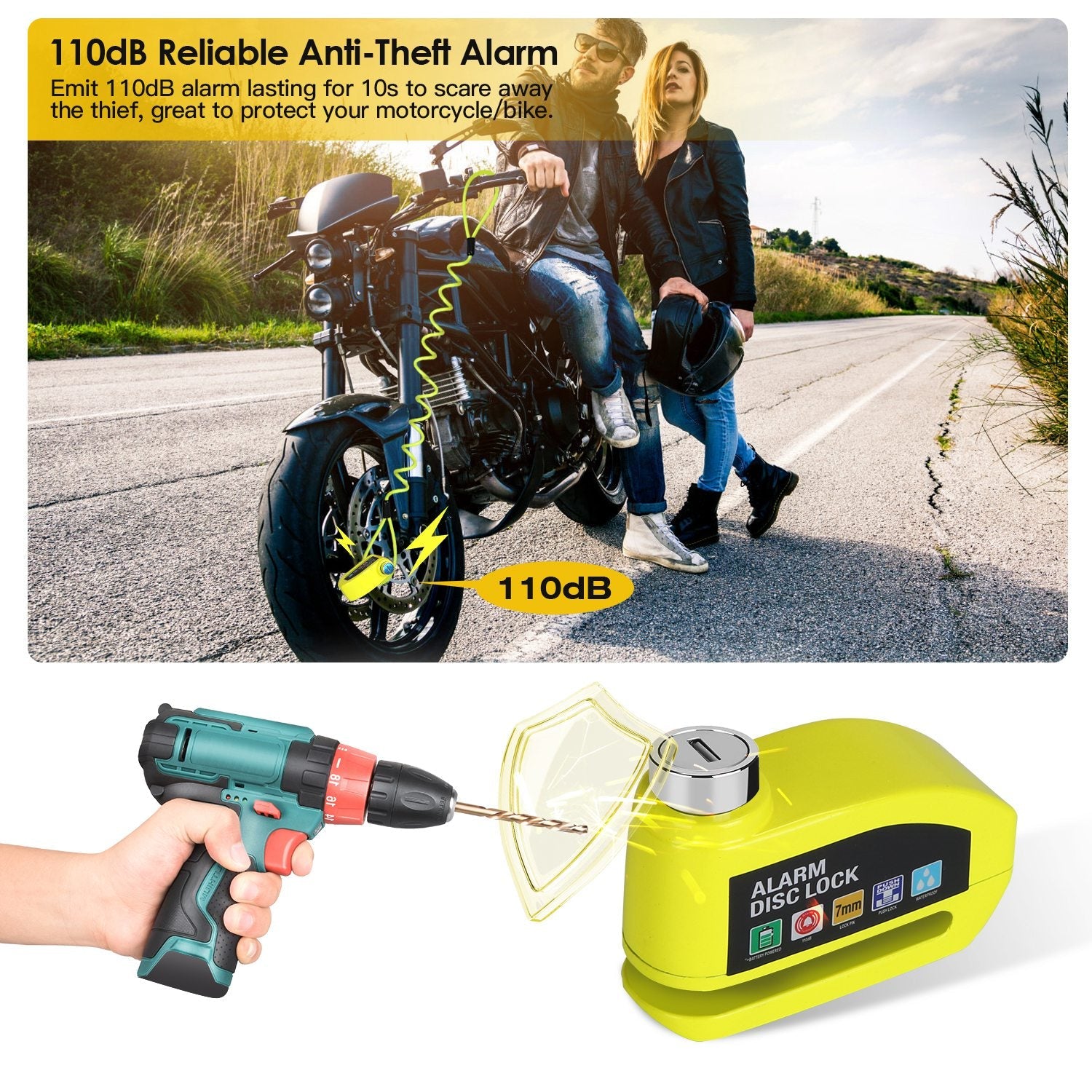 Motorcycle Disc Lock Alarm – Anti-Theft with 110dB Siren & Reminder Cable