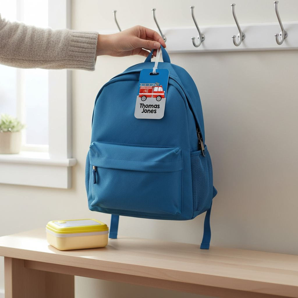 Fire Truck Boys Backpack Name Tag - Firetruck Back to School Bag Tag