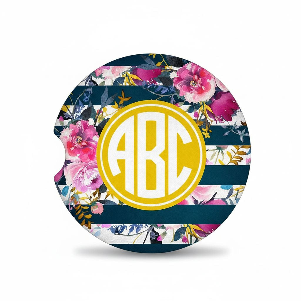 Monogram Car Coasters - Navy Rose Gold Floral Sandstone Car Coaster