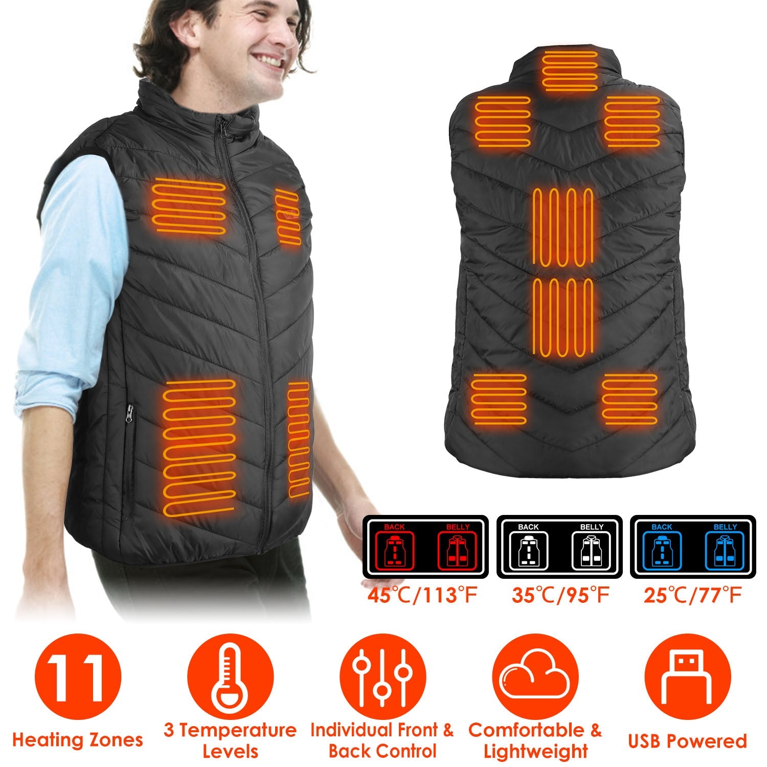 Heated Vest Electric USB Jacket Men Women Heating Coat Thermal Body Warmer Wear with 3 Temperature Levels