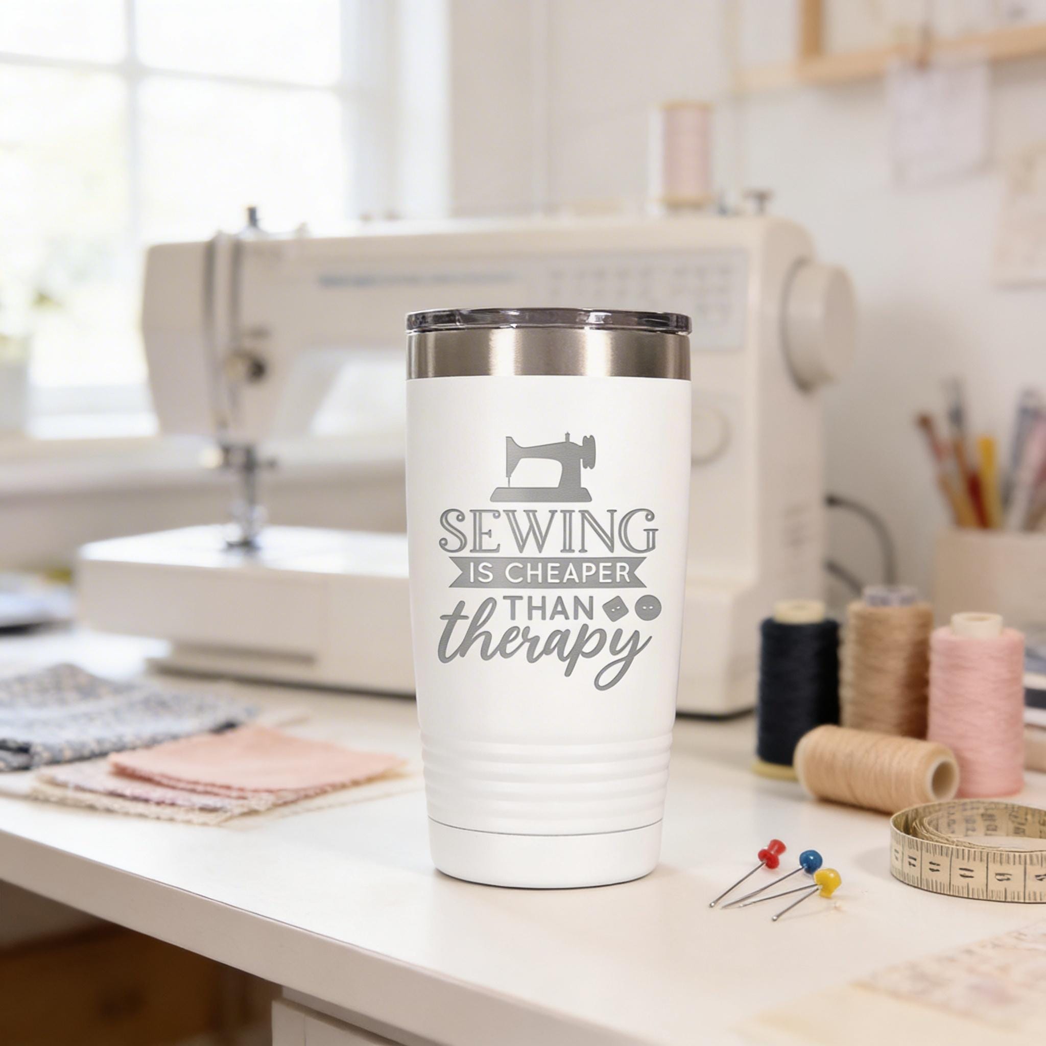 Personalized Sewing Tumbler 20 oz stainless steel insulated drinkware for crafters, hot or cold beverage travel mug, gift for sewists