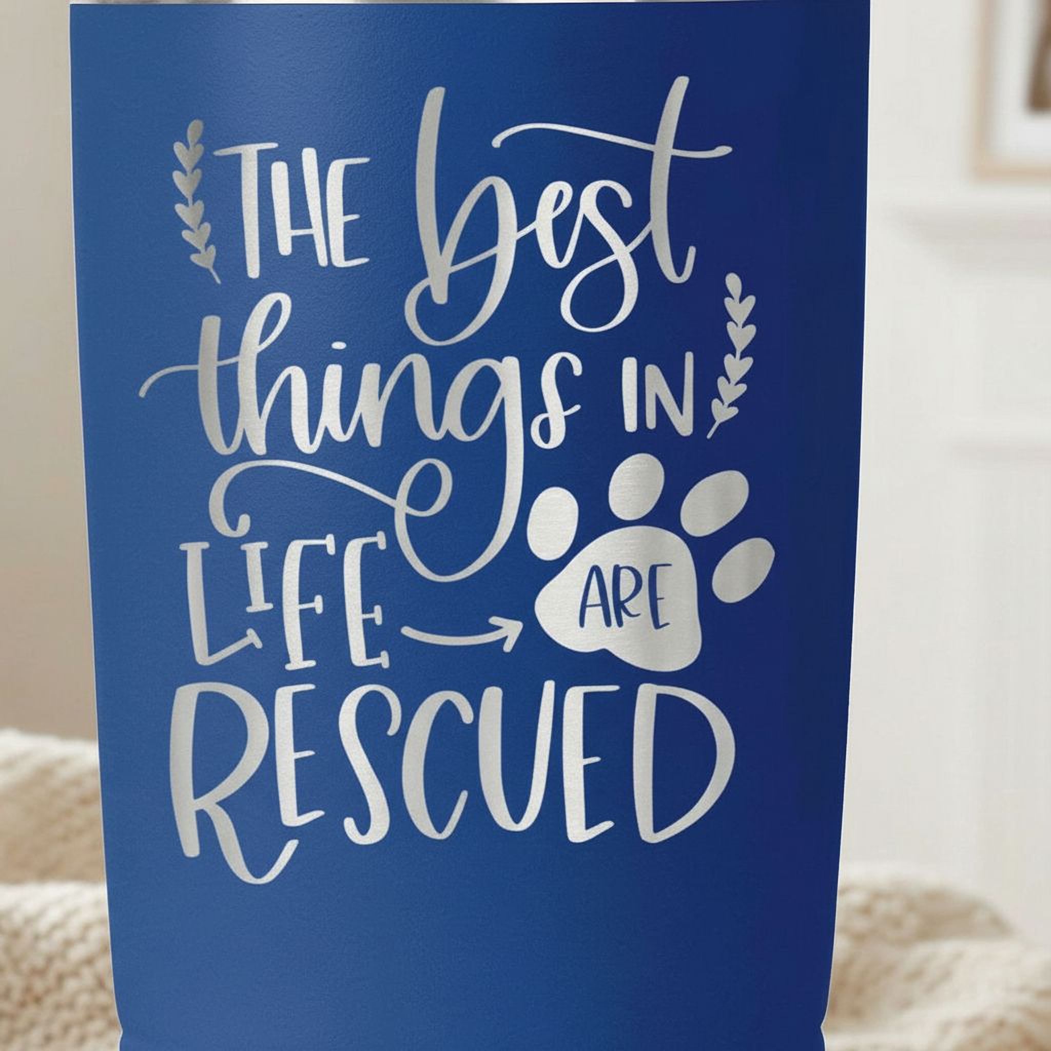 Dog Rescue Tumbler 20 oz Insulated Travel Mug, Pet Lover Gift, White Stainless Steel, Keeps Hot and Cold Drinks, Paw Print Design