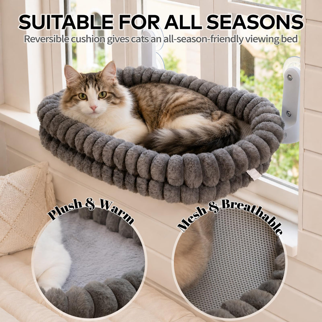 Cloud Cat Window Perch For Indoor Cats Hammock Bed Foldable Reversible Cushion Removable Washable, Breathable Soft All-Season, Sturdy Strong Suction Cups Support, Cordless