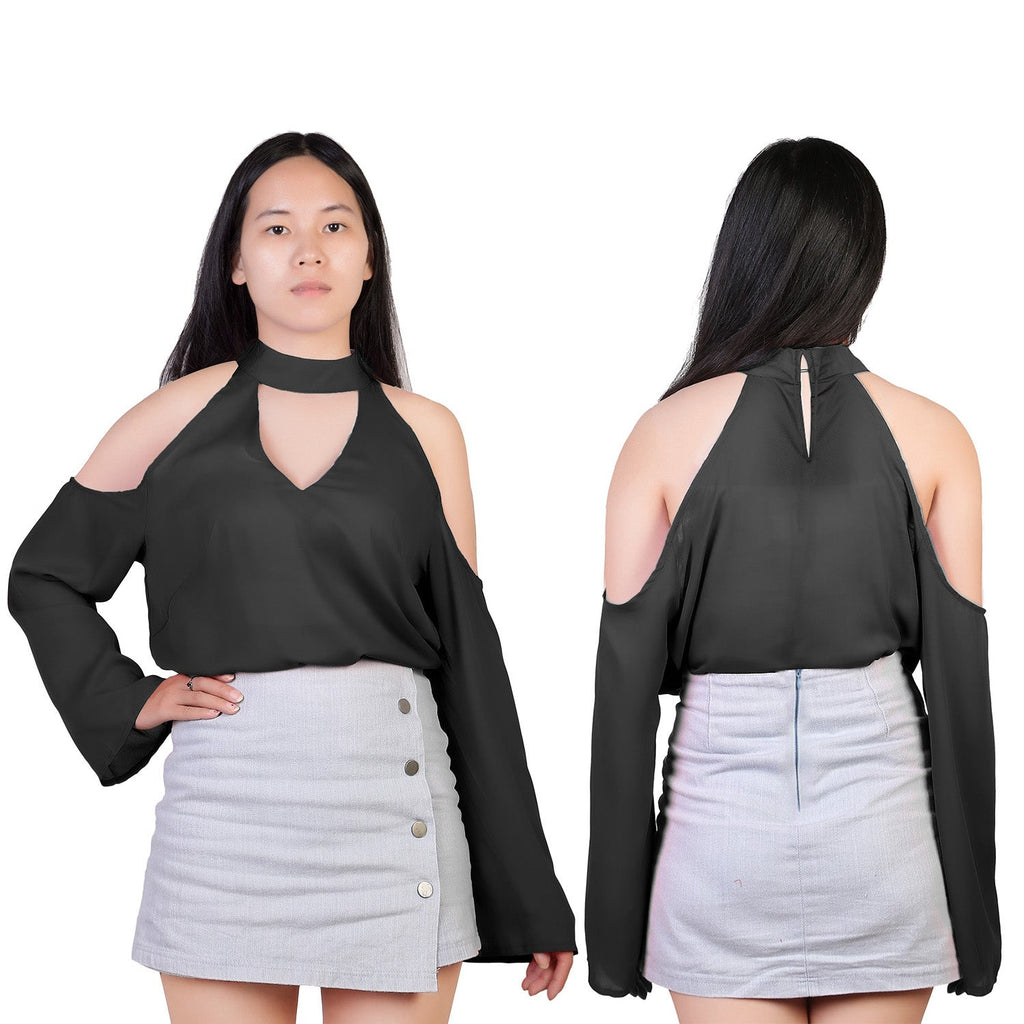 Off-the-Shoulder Blouse with V-Neck and Long Sleeves