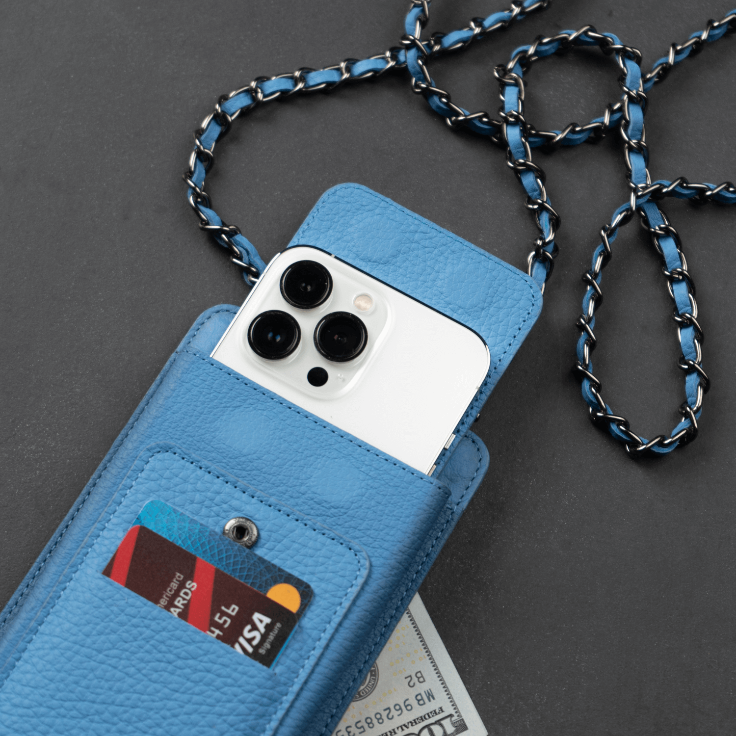 Leather Blue Crossbody Bag Phone Wallet - Columbus