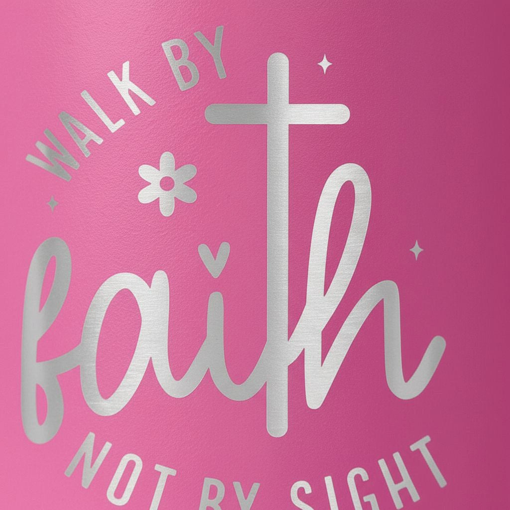 Christian Travel Tumbler with “Walk by Faith Not by Sight” Quote – Insulated Stainless Steel Pink Cup with Lid – Religious Gift for Women