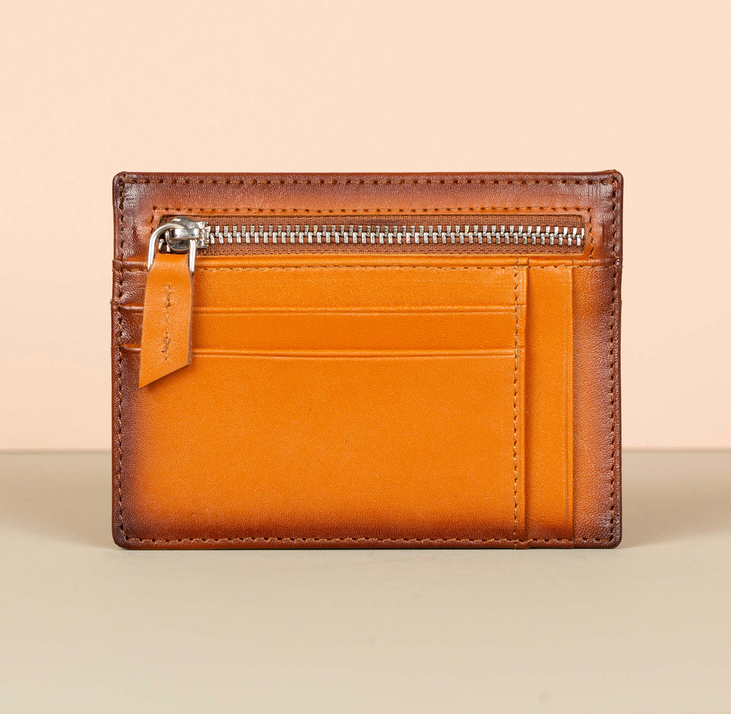 Vibrant Leather Card Holder with Zipper Pocket - Caramel Brown - Concord