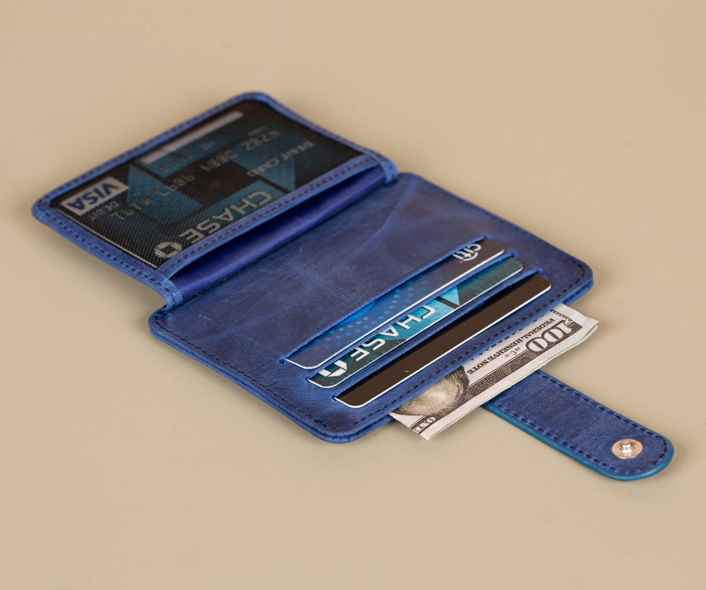 Leather Card Holder Wallet with ID Window - Blue - Miami