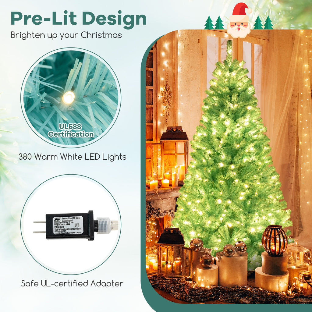6/7 FT Blue Artificial Christmas Tree with 280/380 Warm White LED Lights and Foldable Metal Stand