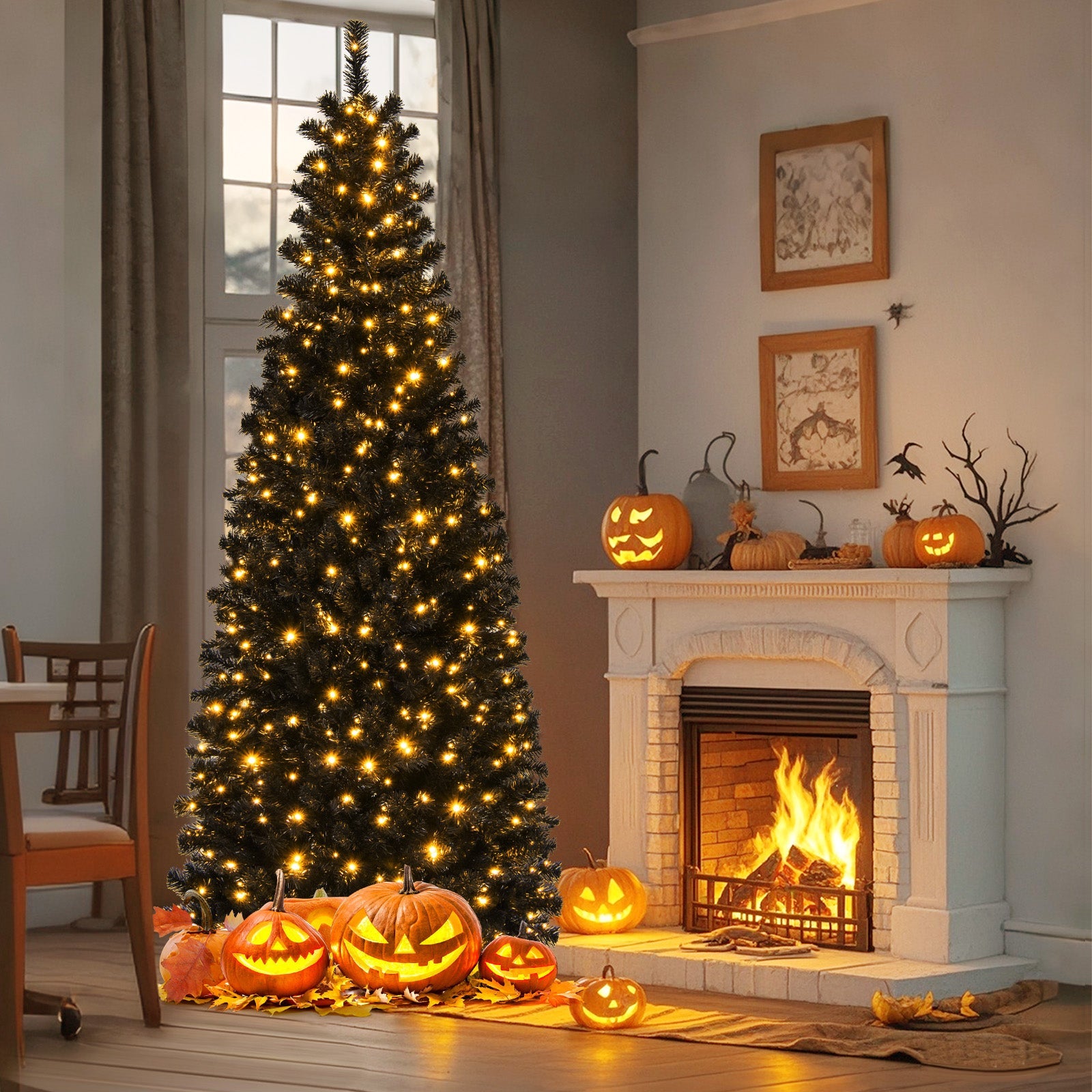 Pre-lit Christmas Halloween Tree with PVC Branch Tips and Warm White Lights