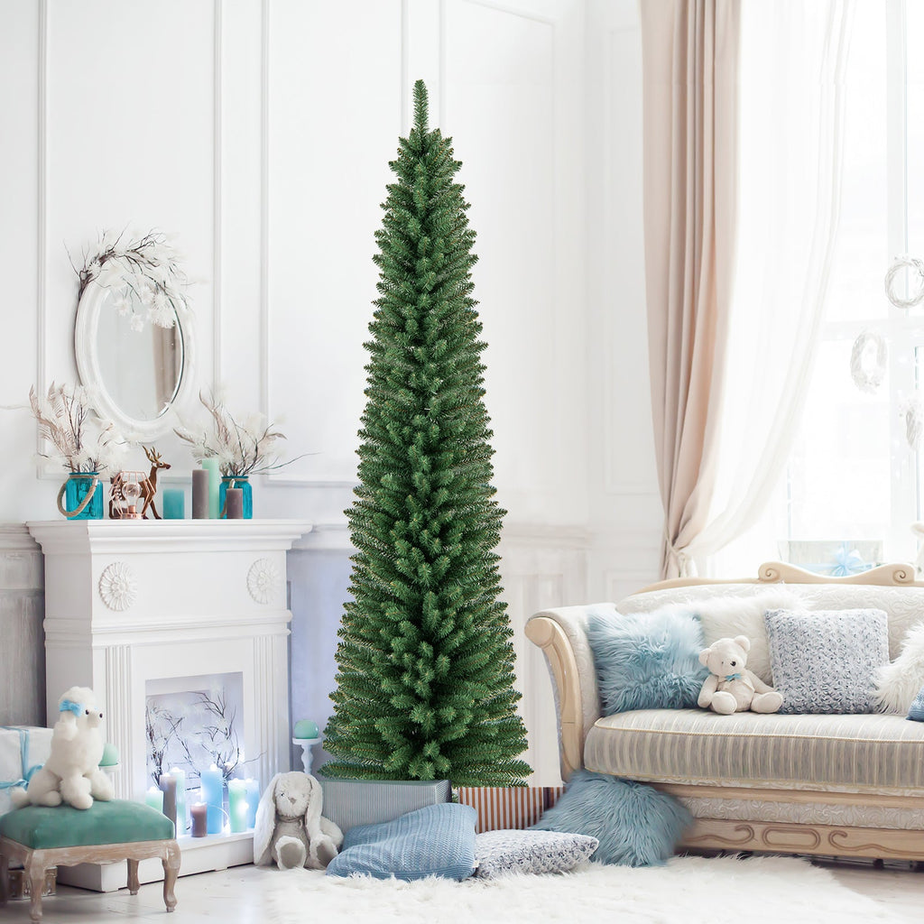5/6/7/8 Feet Pencil Christmas Tree with 295/392/523/671 Memory Wire Branch Tips and Upgraded Metal Stand