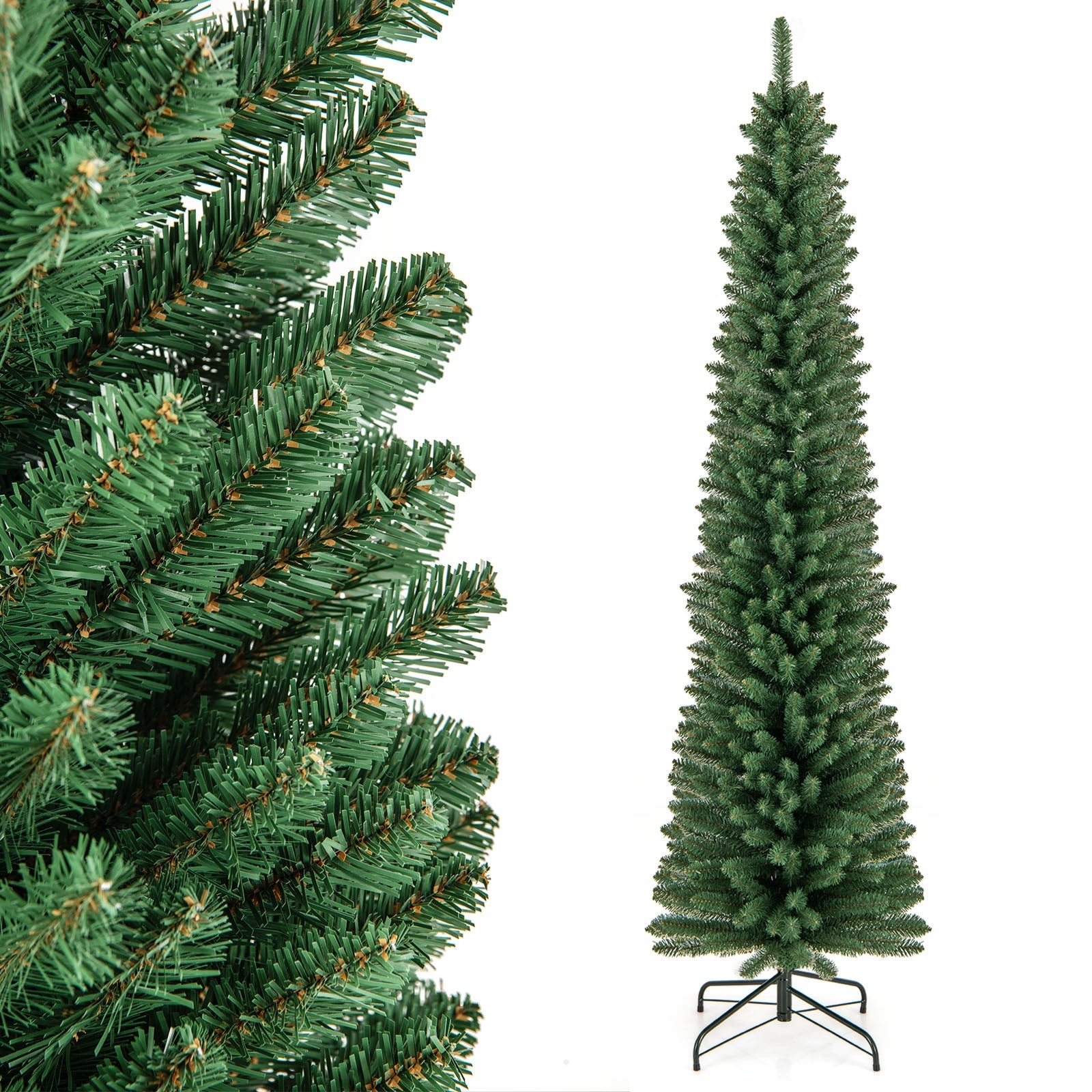 5/6/7/8 Feet Pencil Christmas Tree with 295/392/523/671 Memory Wire Branch Tips and Upgraded Metal Stand