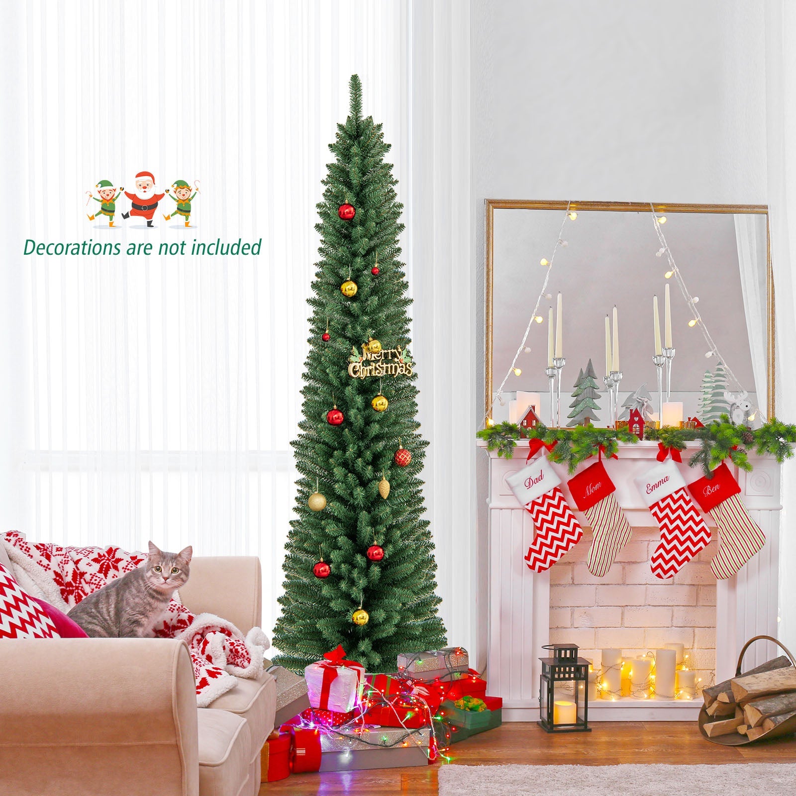 5/6/7/8 Feet Pencil Christmas Tree with 295/392/523/671 Memory Wire Branch Tips and Upgraded Metal Stand